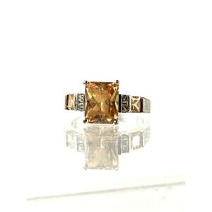 Sterling Silver Emerald Cut Orange Citrine and CZ Gemstone Ring